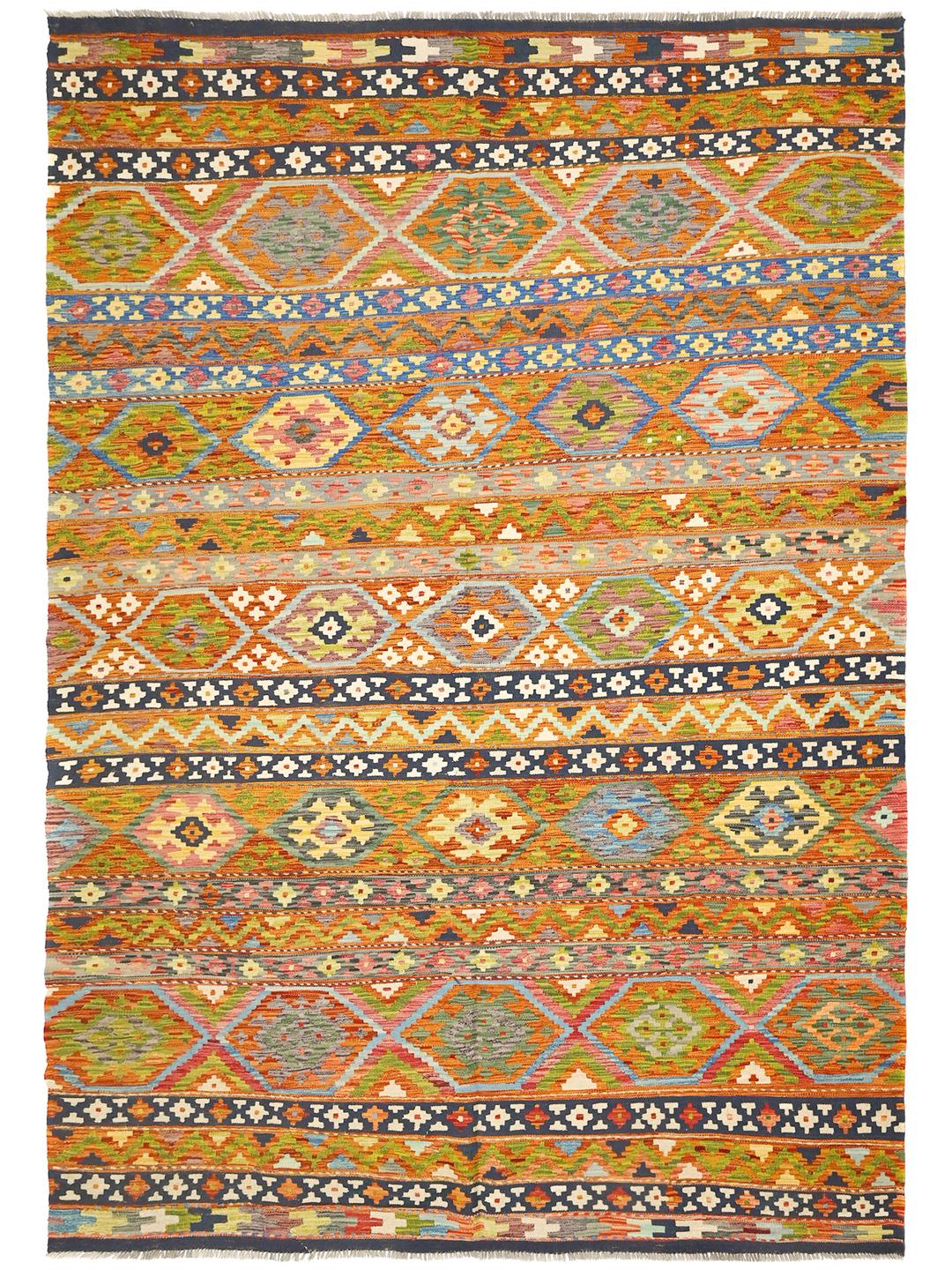 Hand-woven Afghan Kelim rug featuring vibrant geometric patterns in multicolor Wool