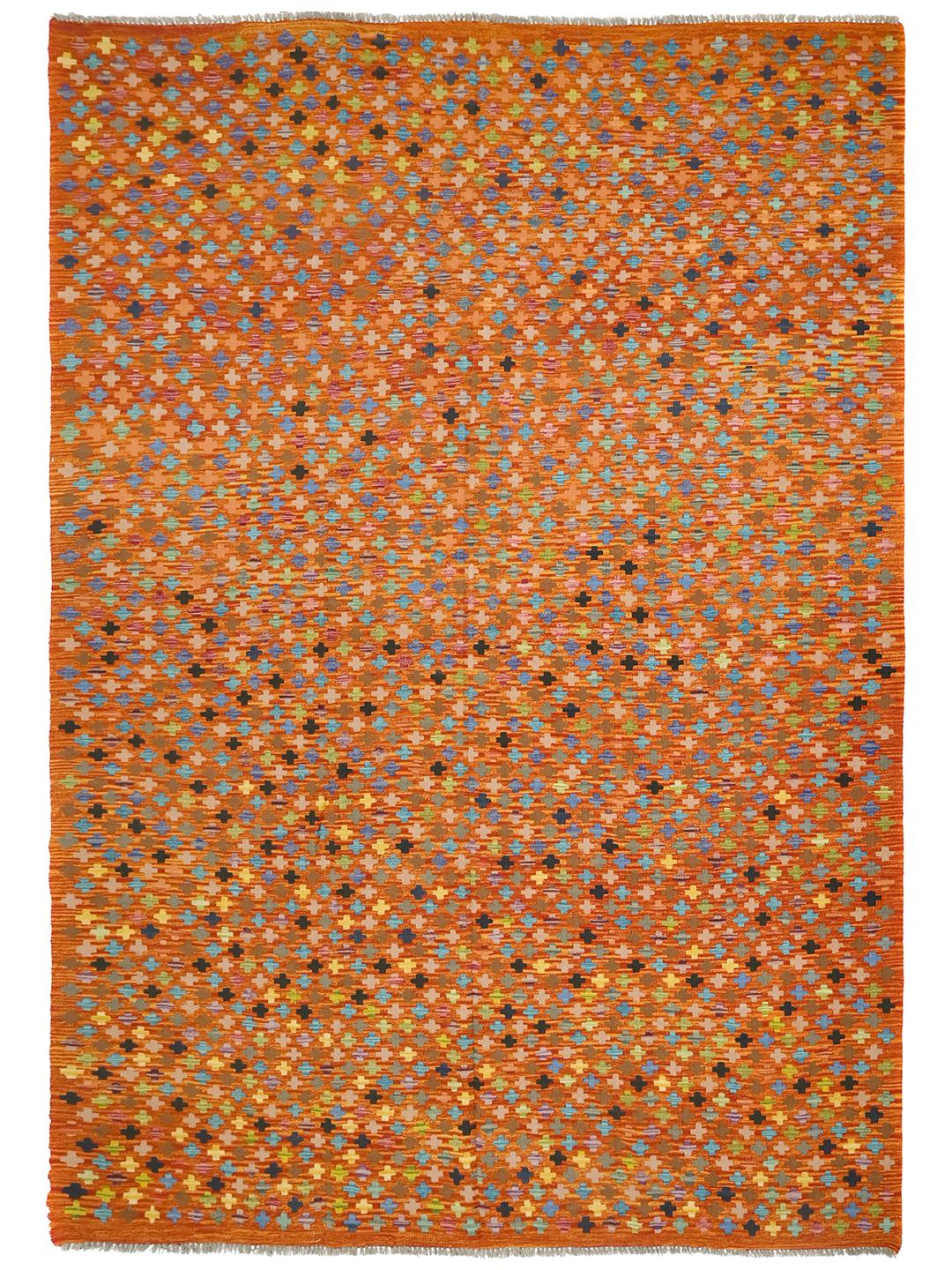 A hand-woven Afghan Kelim rug featuring a vibrant orange field with multi-coloured geometric crosses.