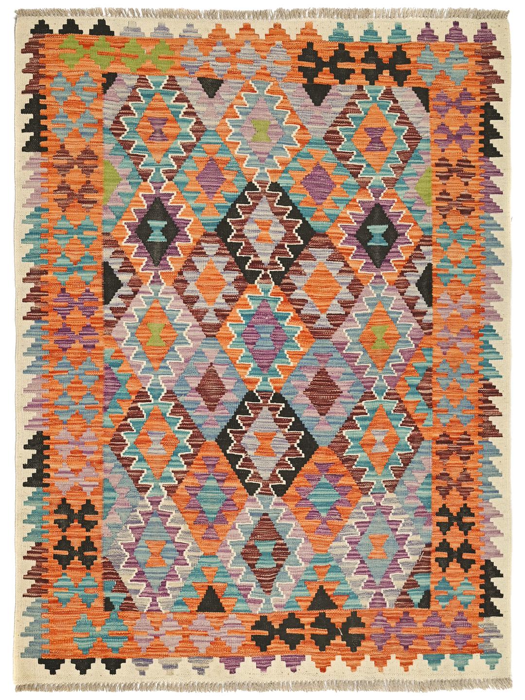 Hand-woven Kelim Afghan Old Style rug in orange and multicolor