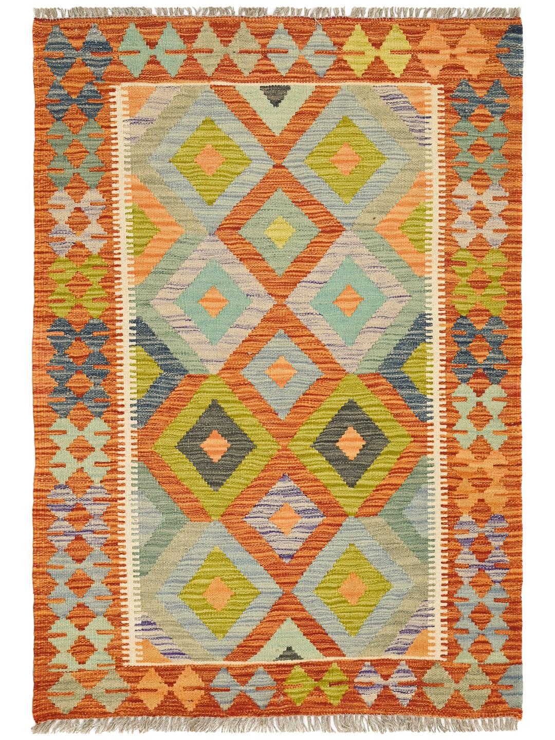 Hand-woven Kelim Afghan Old Style rug in orange and blue with geometric diamond patterns
