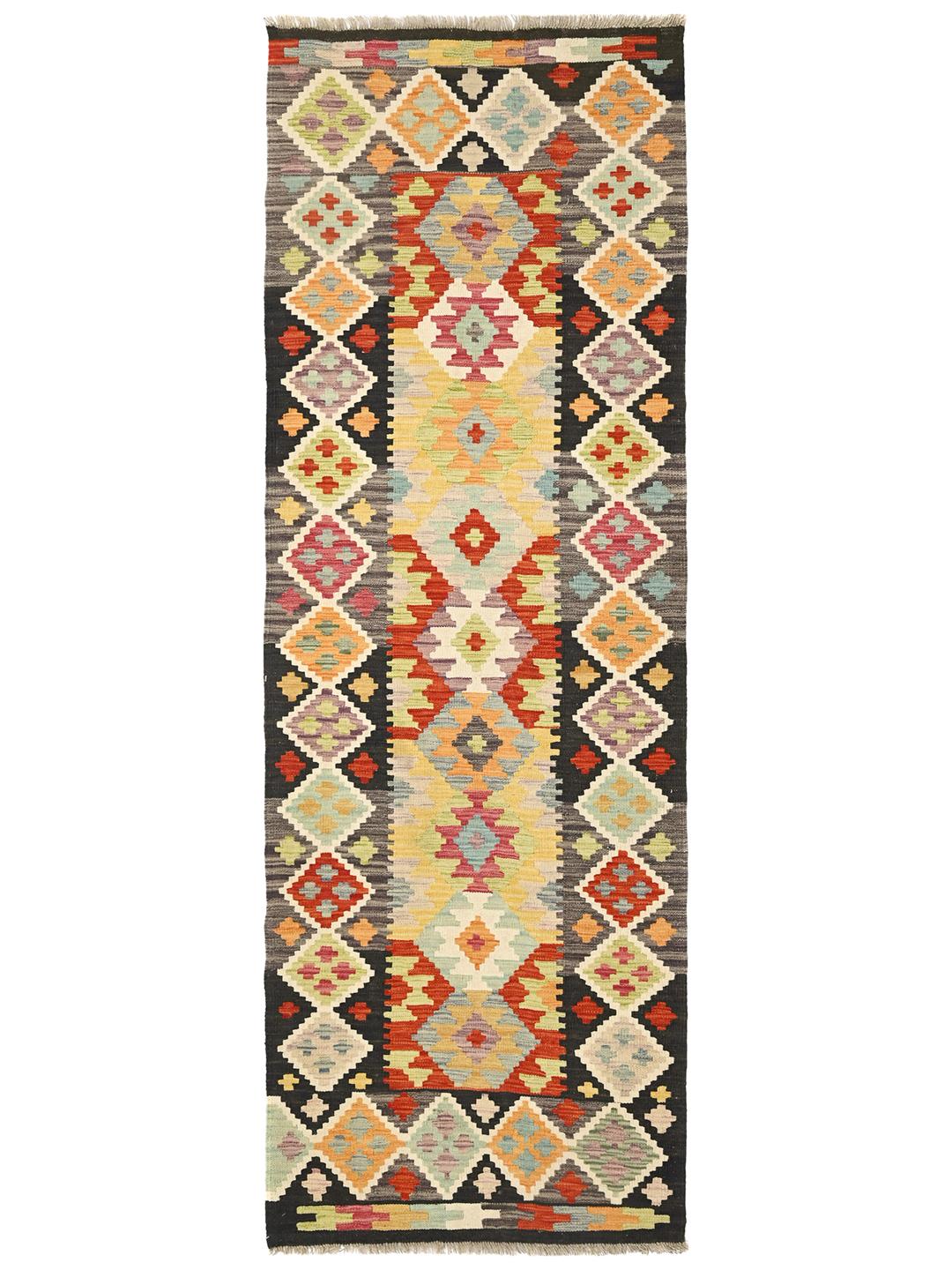 Tapis Kelim Afghan Old Style tissé à la main en laine noire et multicolore