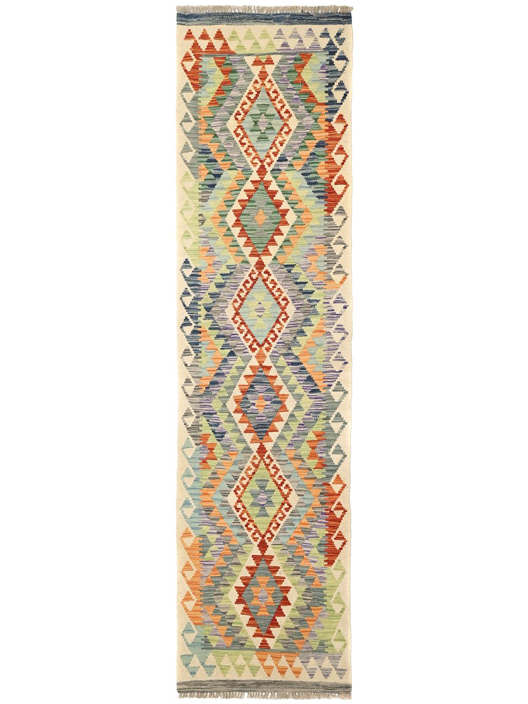 Tapis couloir Kelim Afghan Old Style tissé à la main en laine multicolore et beige