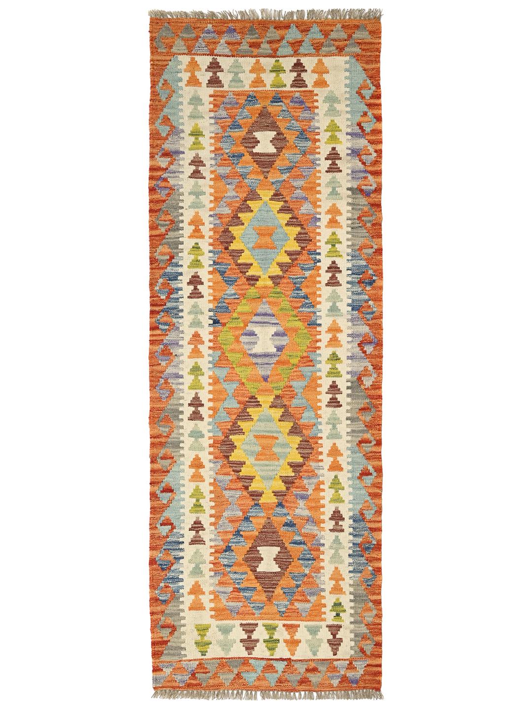 Hand-woven Kelim Afghan Old Style runner rug in orange and multicolor