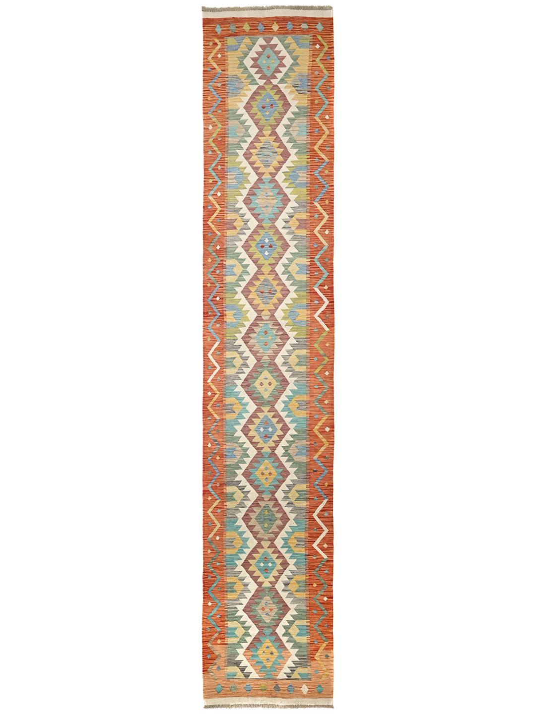Handgeweven Kelim Afghan Old Style loper in rood en meerkleurig