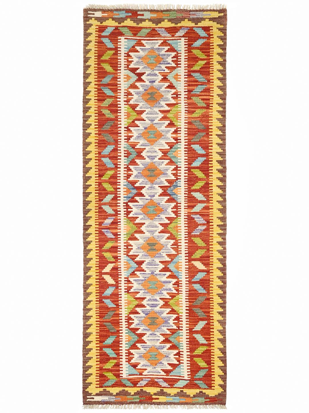 Hand-woven red Kelim Afghan Old Style runner rug with geometric patterns