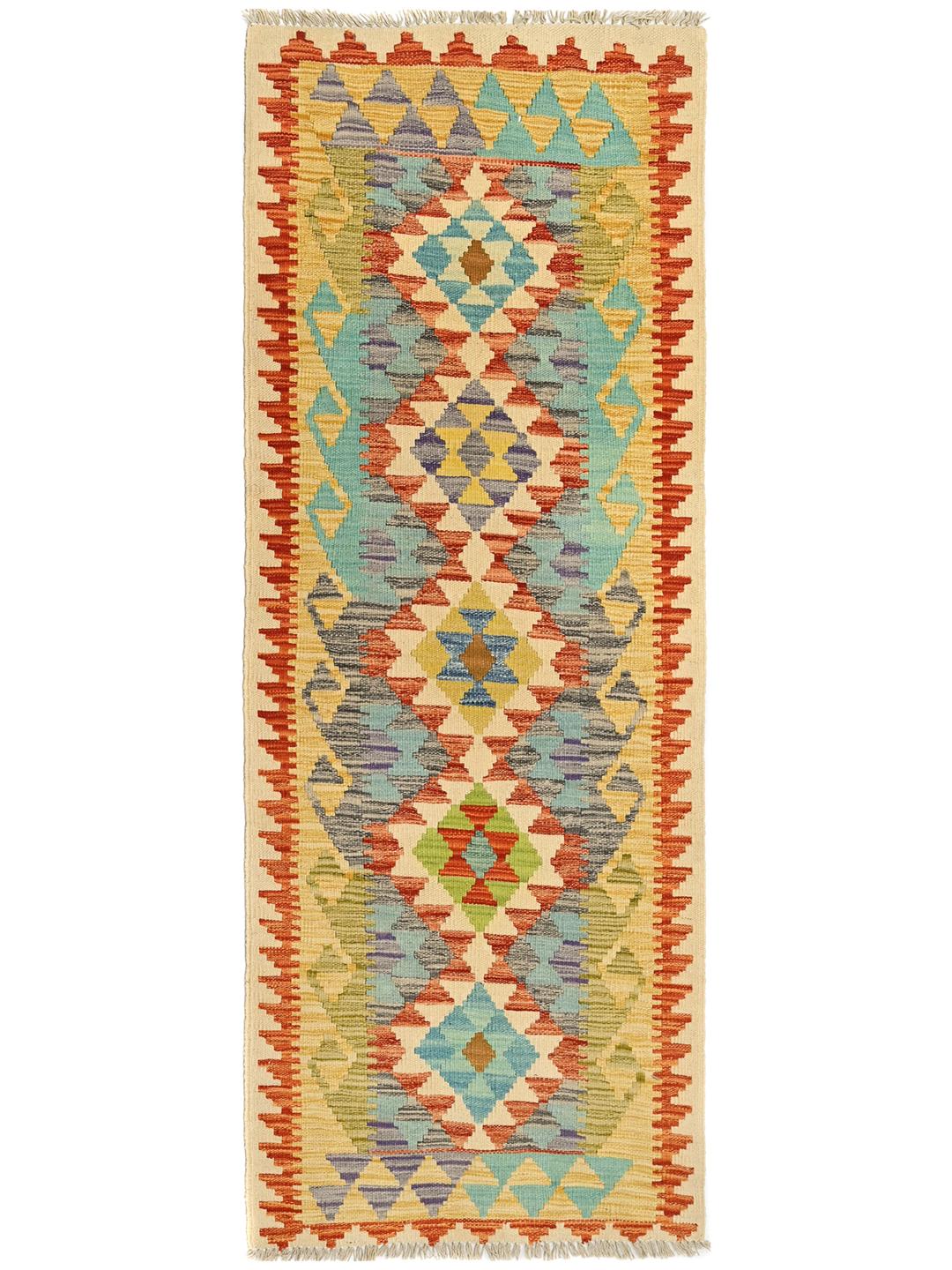 Hand-woven Afghan runner with a geometric pattern in multicolor Wool