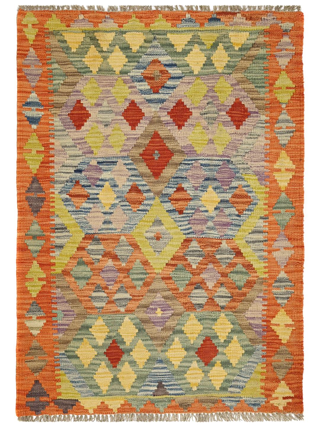 Hand-woven Kelim Afghan Old Style wool rug in orange and multicolor