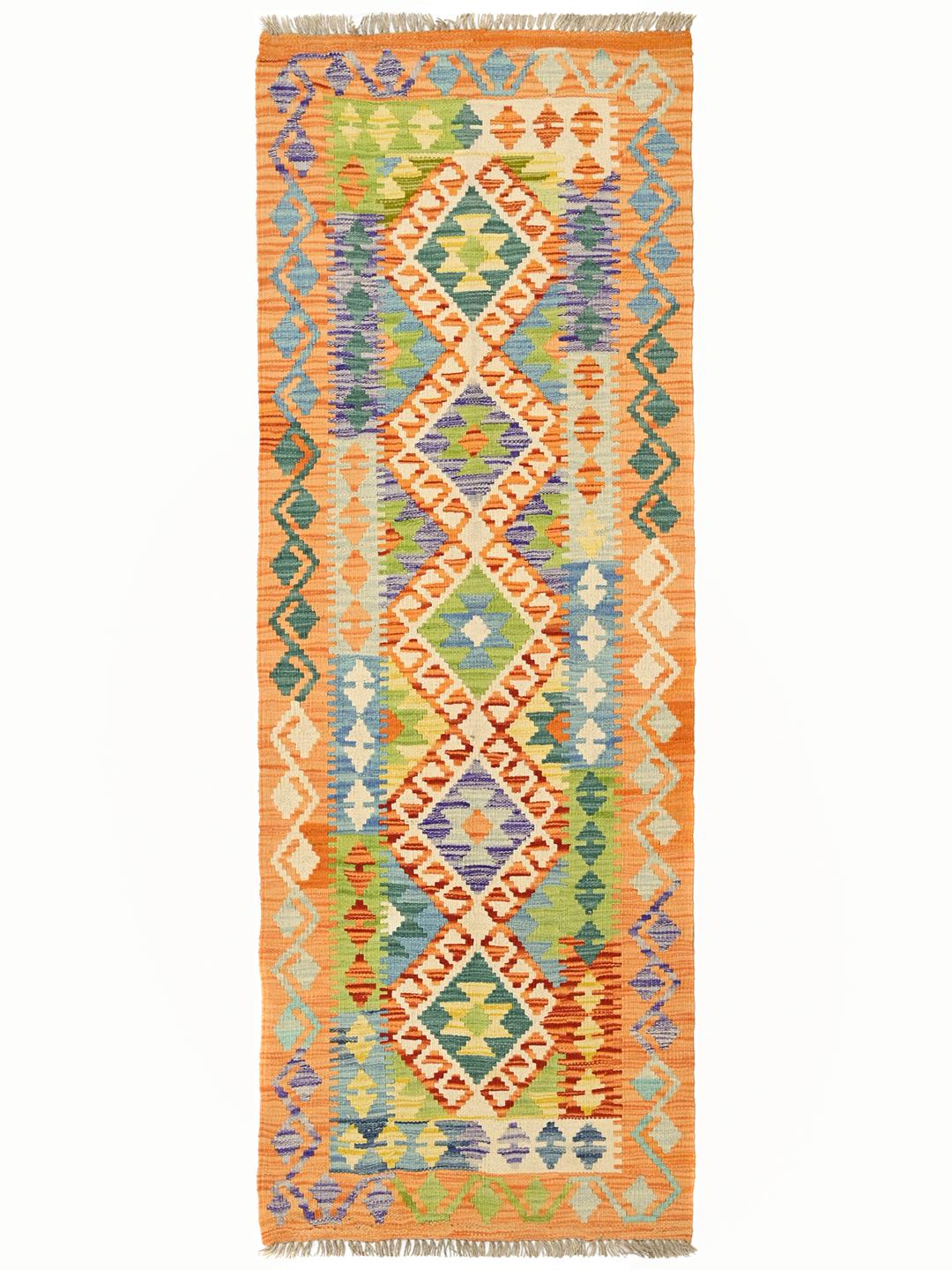 Handwoven orange and multicolor Kelim Afghan Old Style wool runner rug from Afghanistan