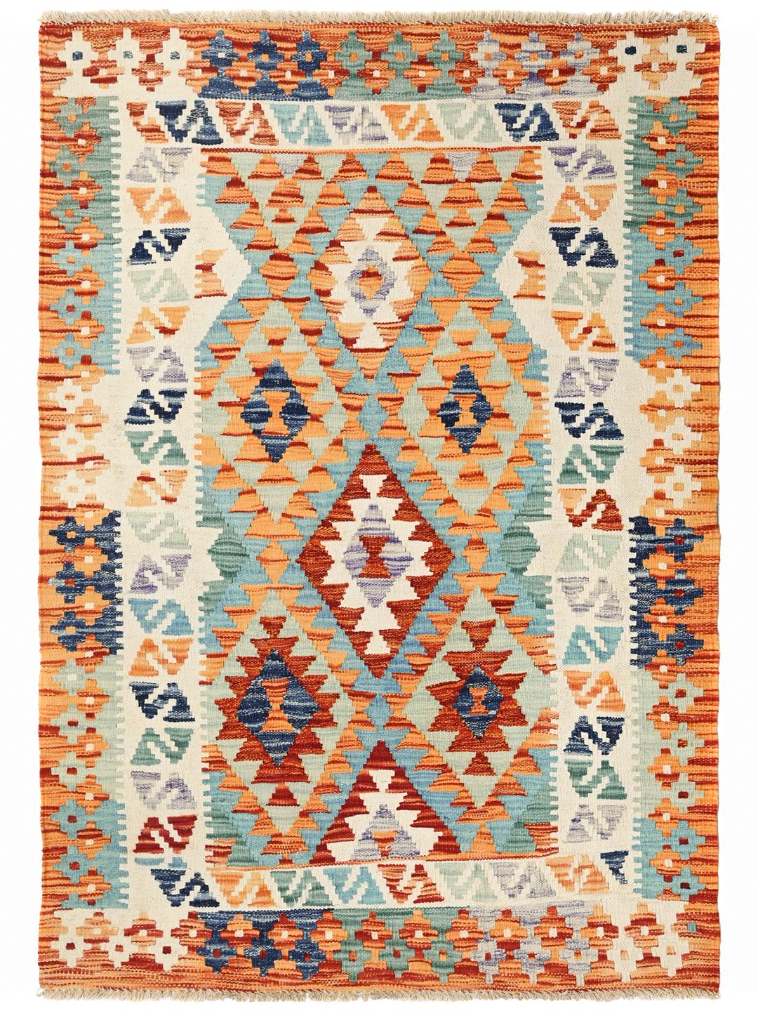 Hand-woven Kelim Afghan Old Style wool rug in orange and blue
