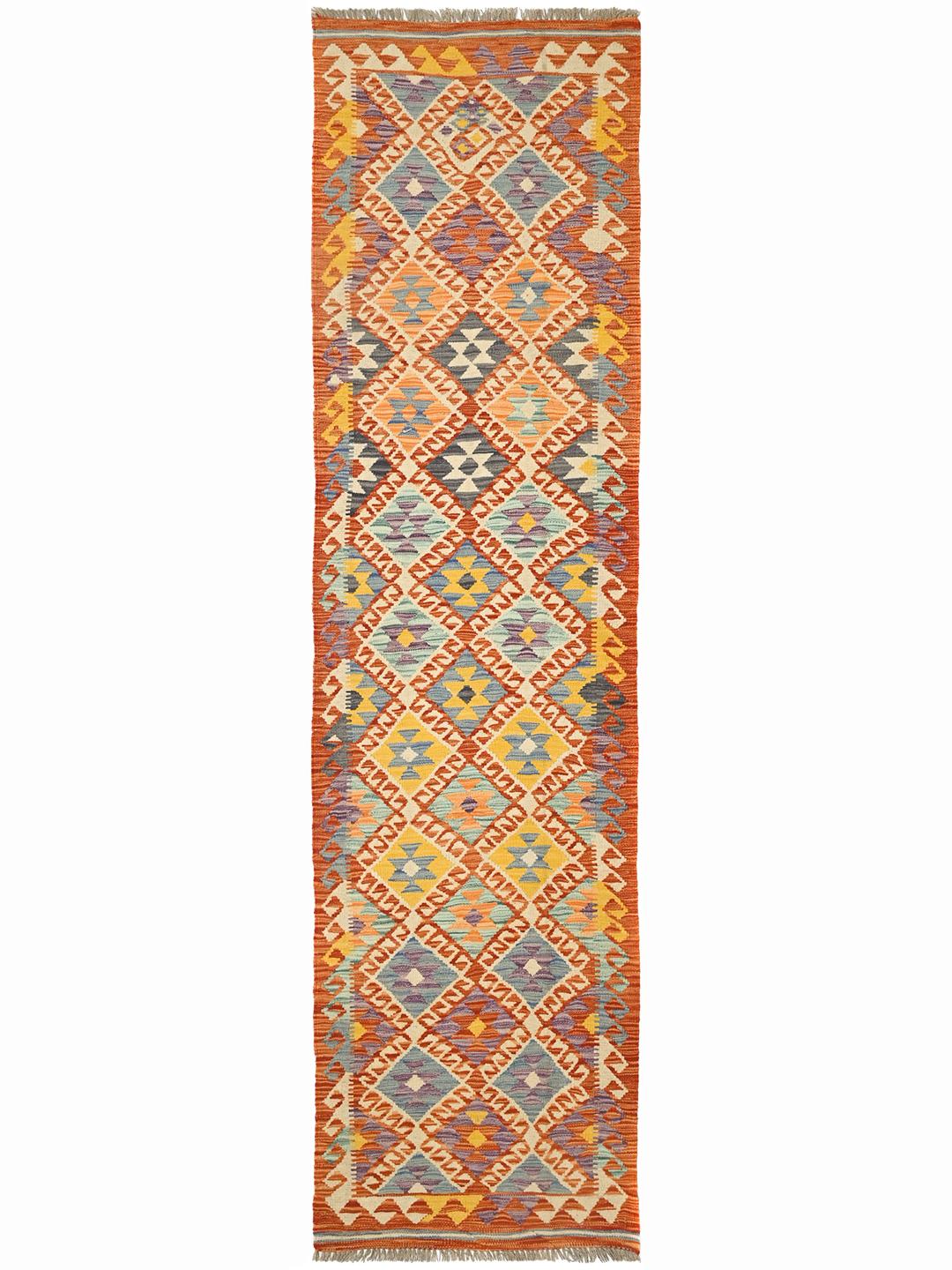 Hand-woven Kelim Afghan Old Style runner rug in orange and multicolor