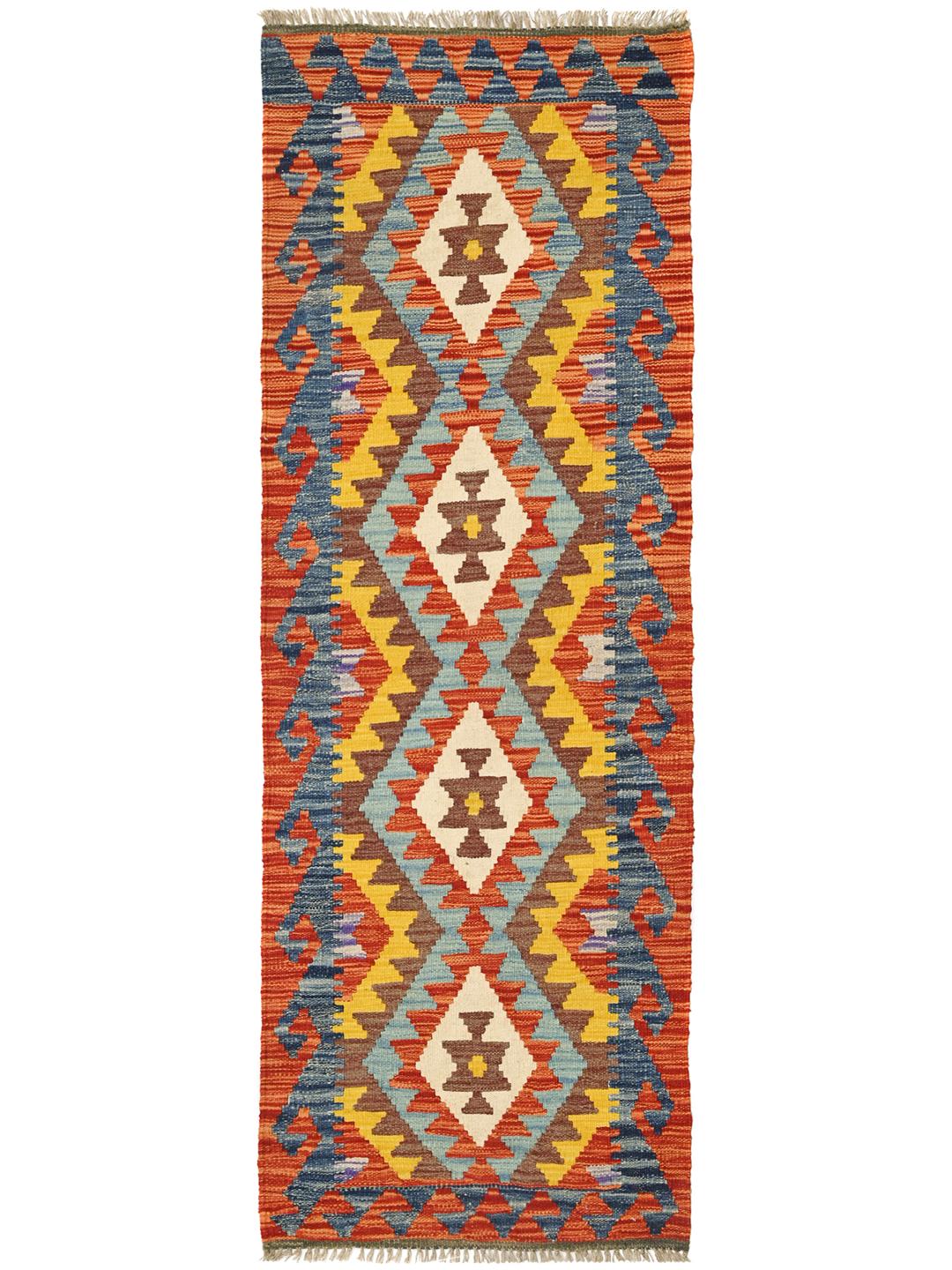 Hand-woven Kelim Afghan Old Style runner rug in red and multicolor