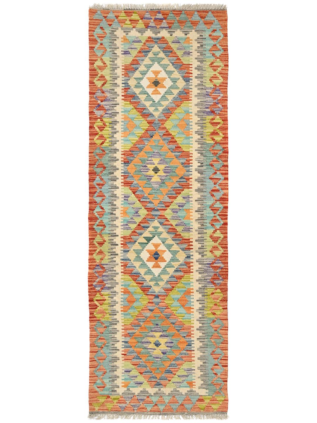 Hand-woven Kelim Afghan Old Style runner rug in orange and multicolor wool