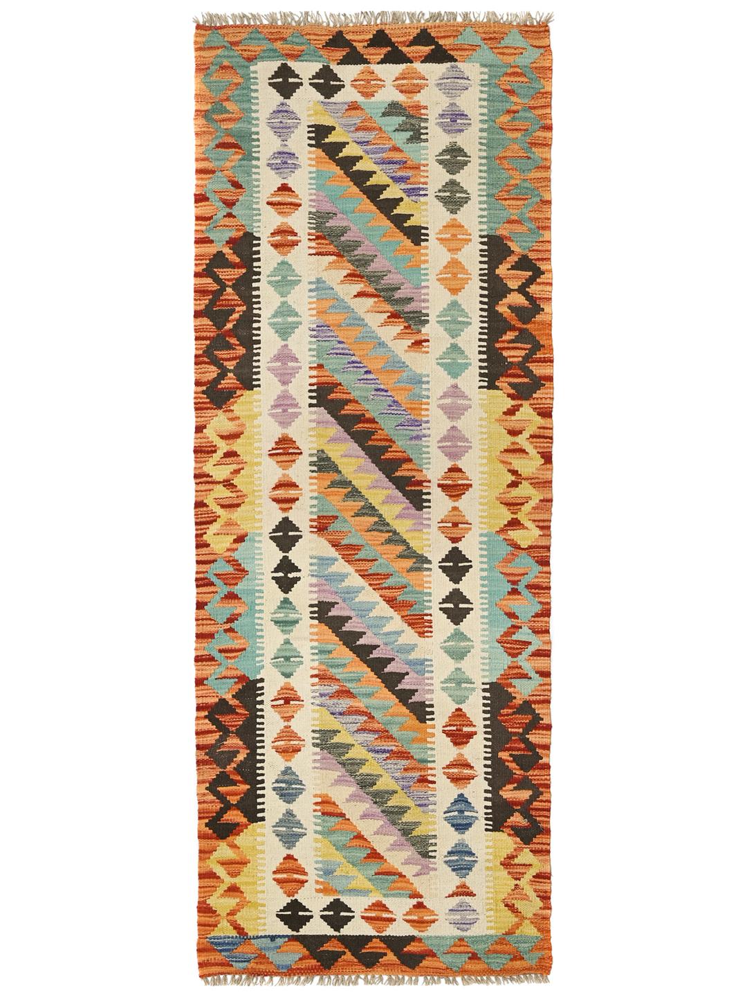 Hand-woven Afghan runner featuring bold geometric patterns in multicolor Wool.