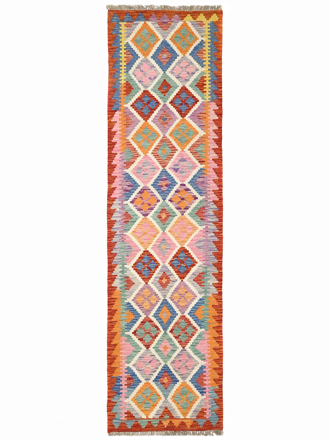 Handgeweven Kelim Afghan Old Style loper in rood en veelkleurige wol