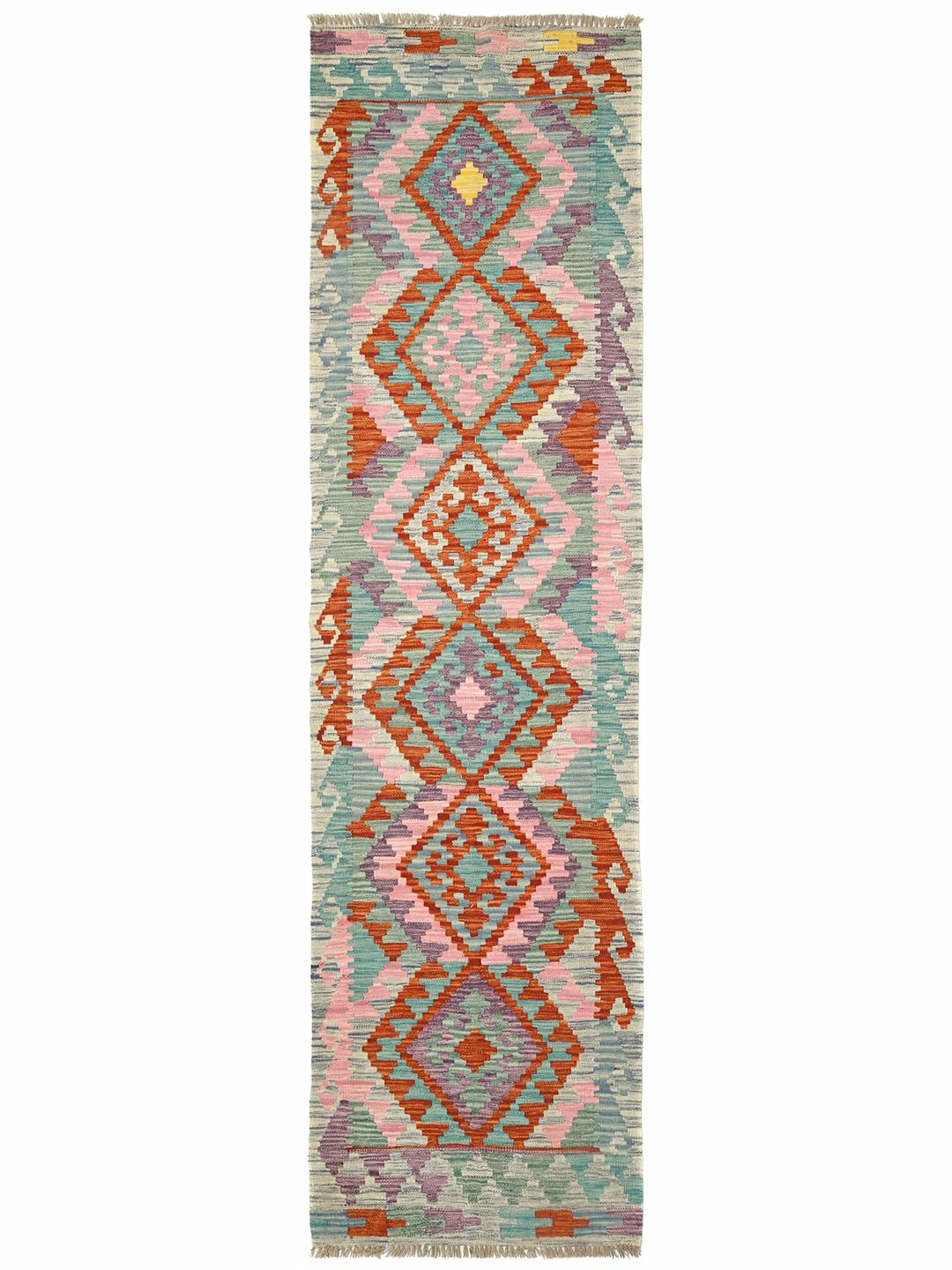 Hand-woven Kelim Afghan Old Style wool runner in multicolor and beige