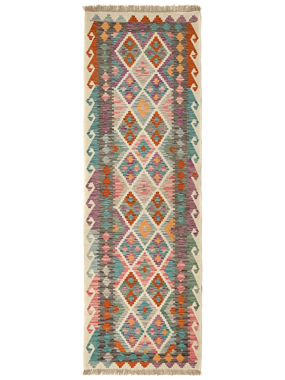 Hand-woven Afghan runner rug with a multicolor geometric diamond pattern