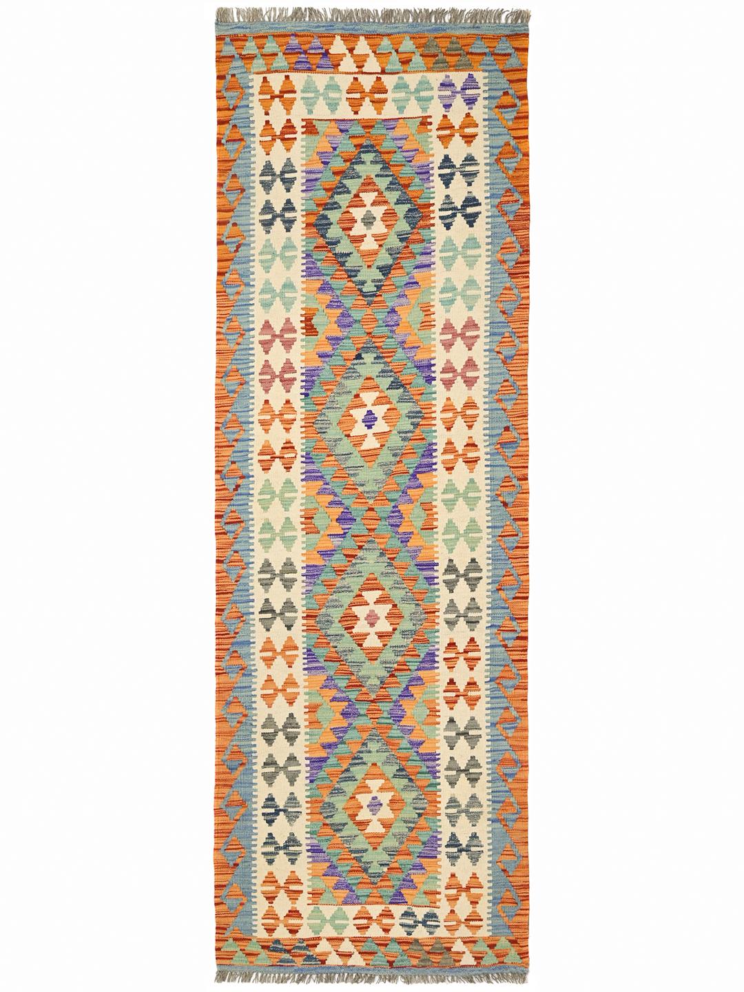 Hand-woven Kelim Afghan Old Style runner rug in orange and multicolor