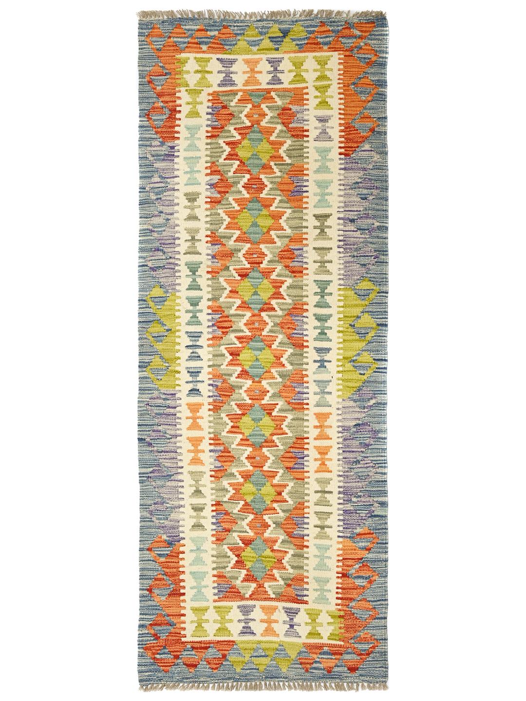 Hand-woven Afghan runner featuring vibrant geometric patterns in multicolor wool.