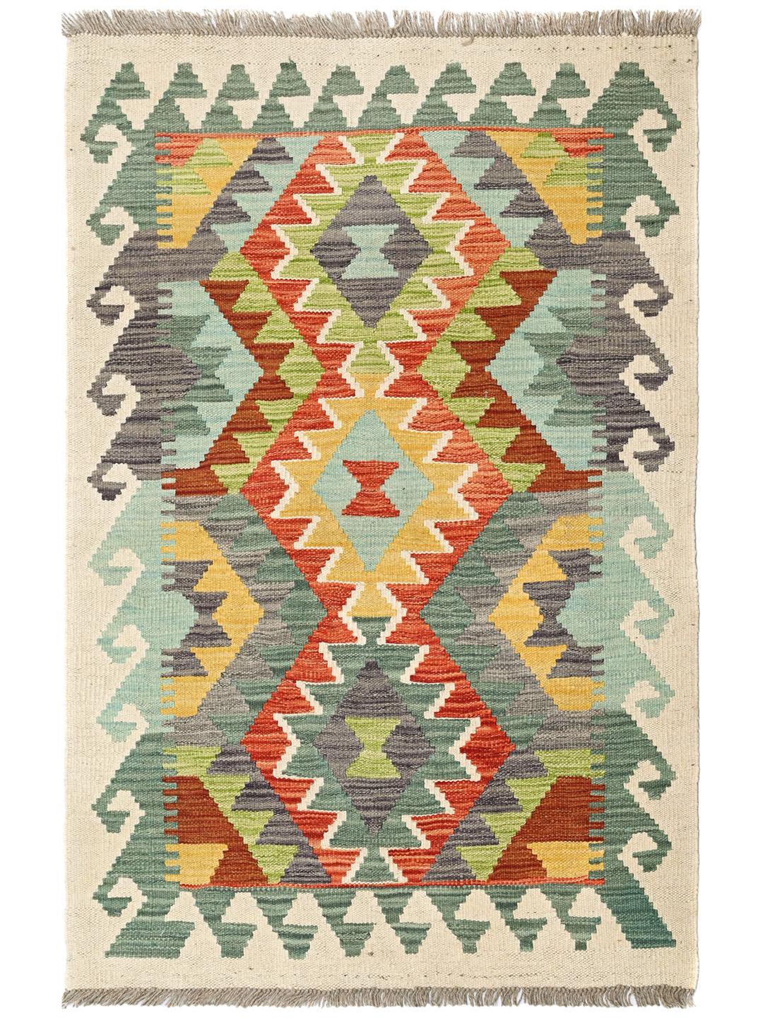Handwoven Kelim Afghan Old Style rug in multicolor and beige wool