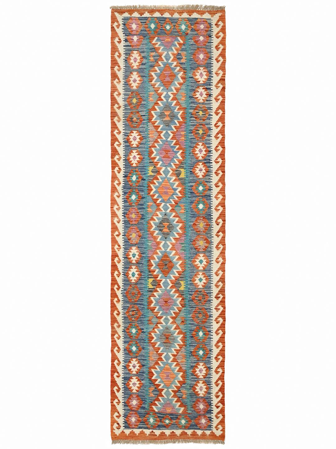 Handgeweven Kelim Afghan Old Style loper in blauw en oranje uit Afghanistan