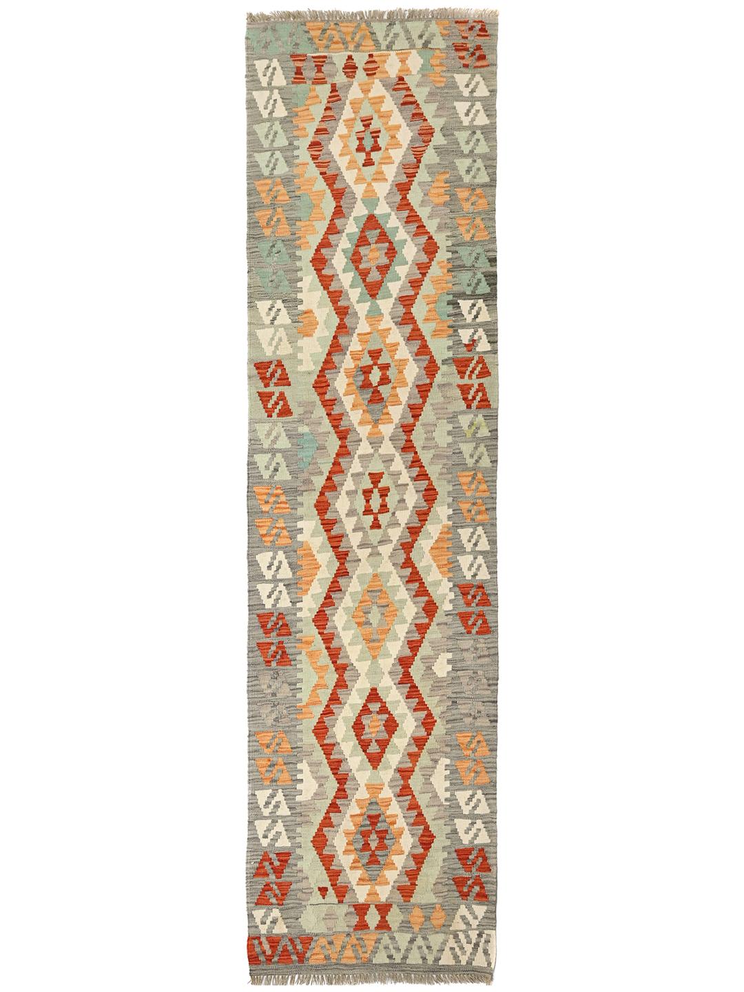Handgeweven Afghaanse loper met geometrische ruitpatronen in multicolor wol