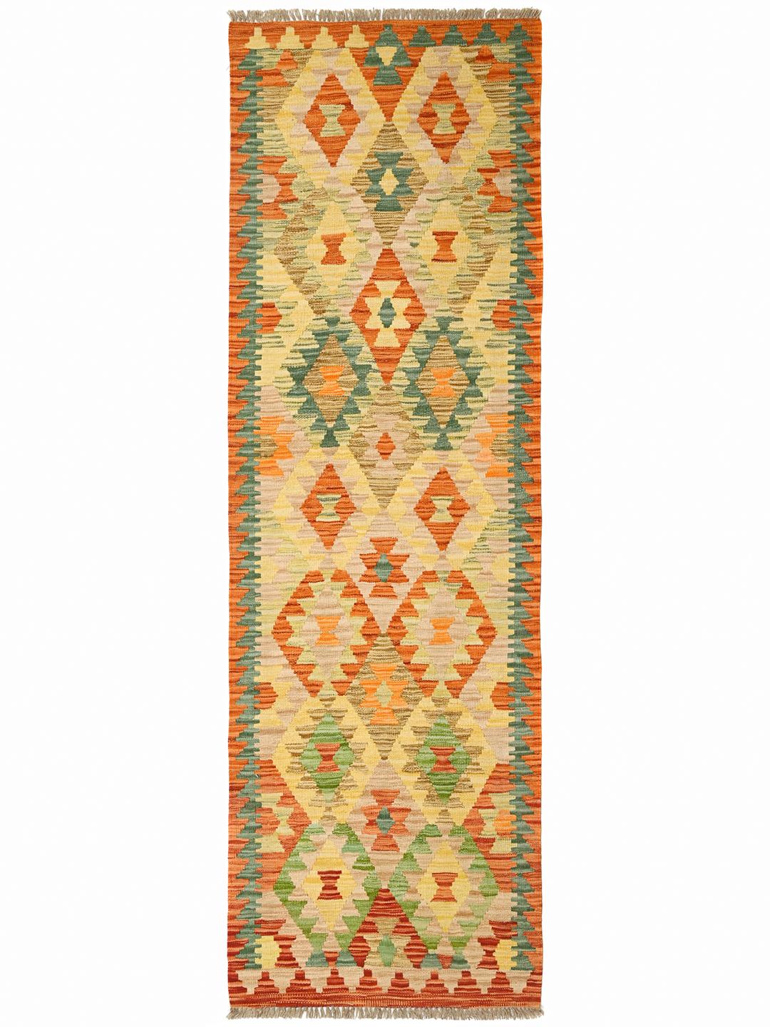 Tapis couloir Kelim Afghan tissé à la main dans des tons orange et vert