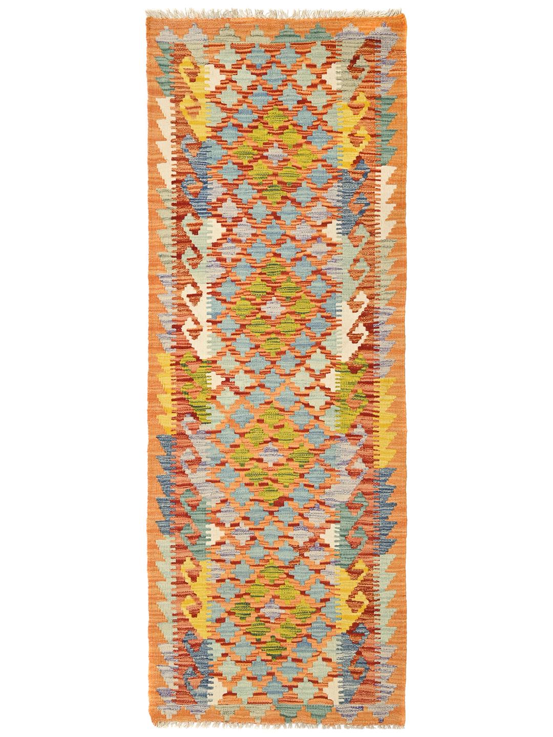 Hand-woven orange Kelim Afghan Old Style runner rug from Afghanistan