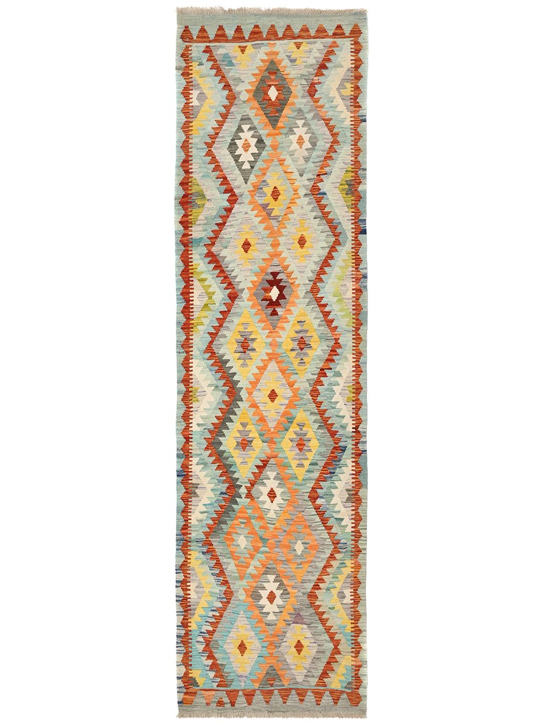 Hand-woven Kelim Afghan Old Style runner in light blue and multicolor wool