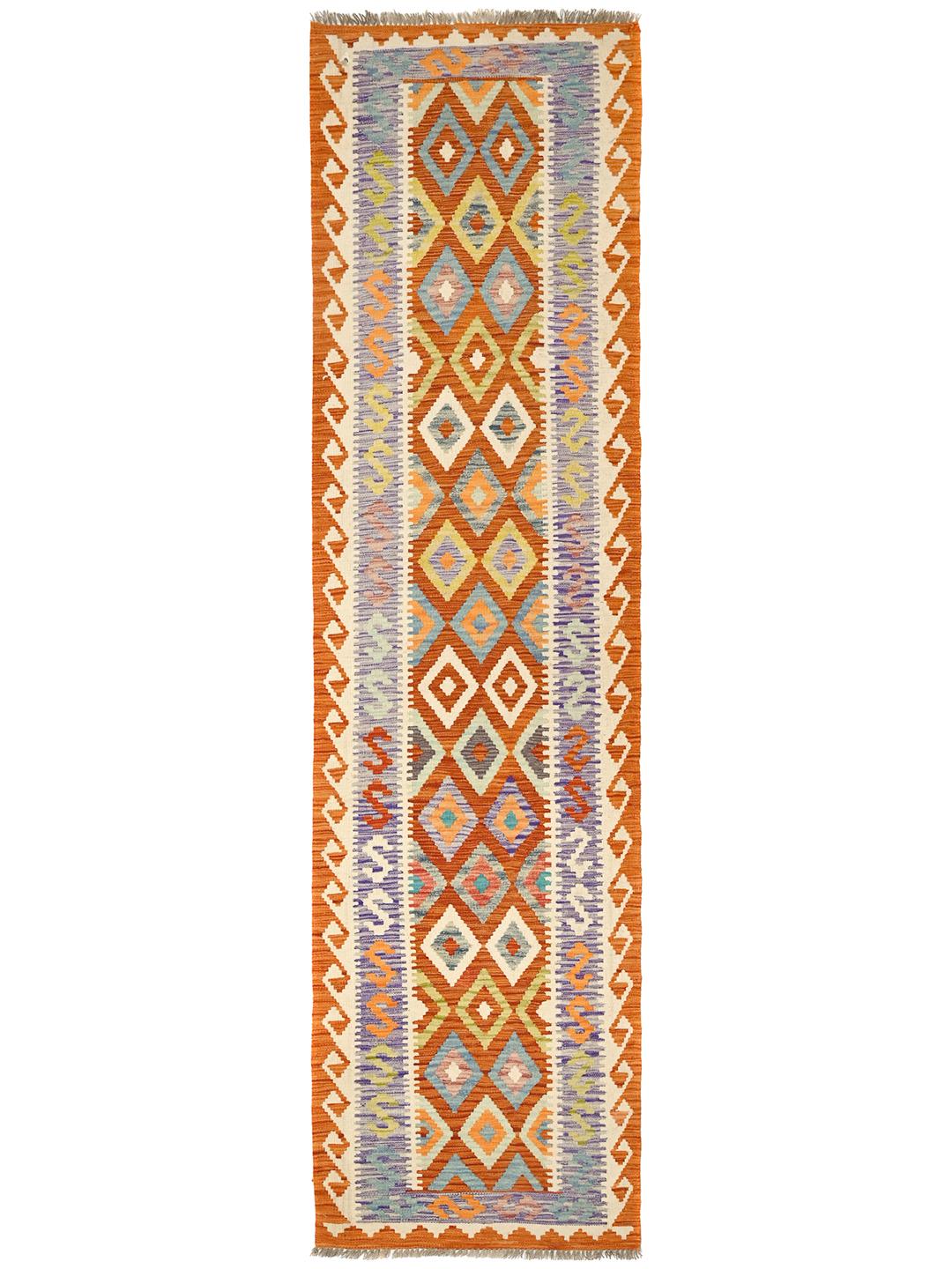 Hand-woven Afghan runner with red and blue geometric diamond patterns