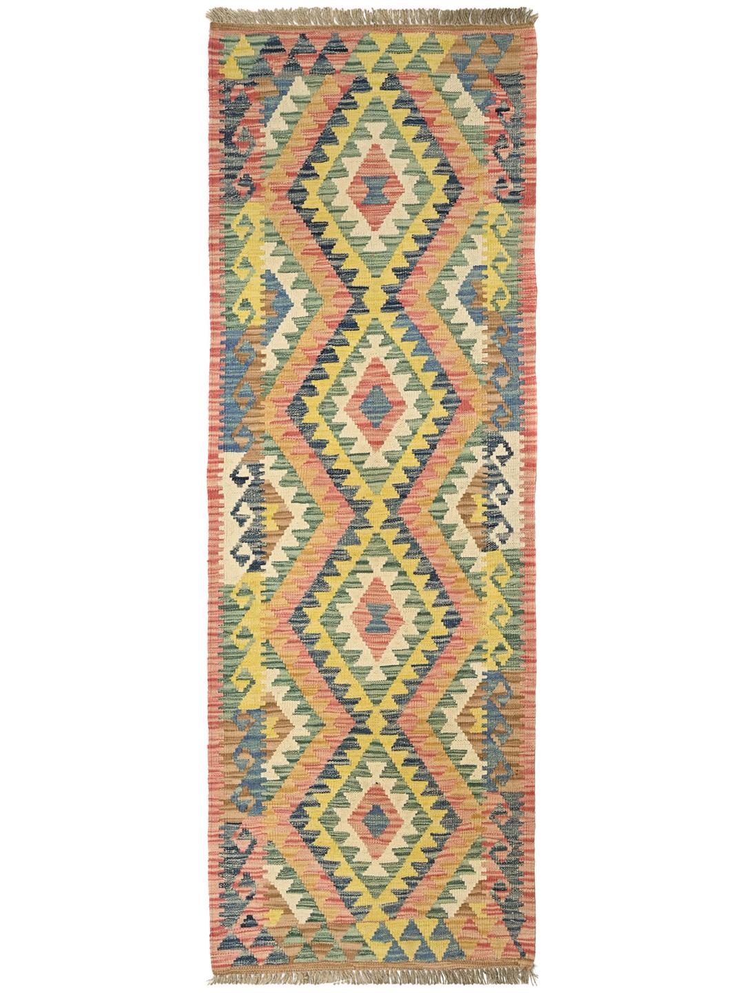 Hand-woven Kelim Afghan Old Style runner rug in red and multicolor