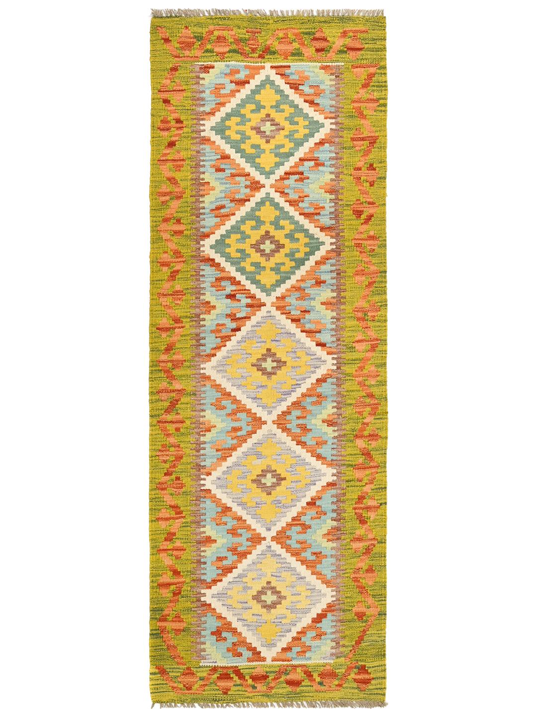 Hand-woven Afghan runner with a vibrant multicolour geometric pattern