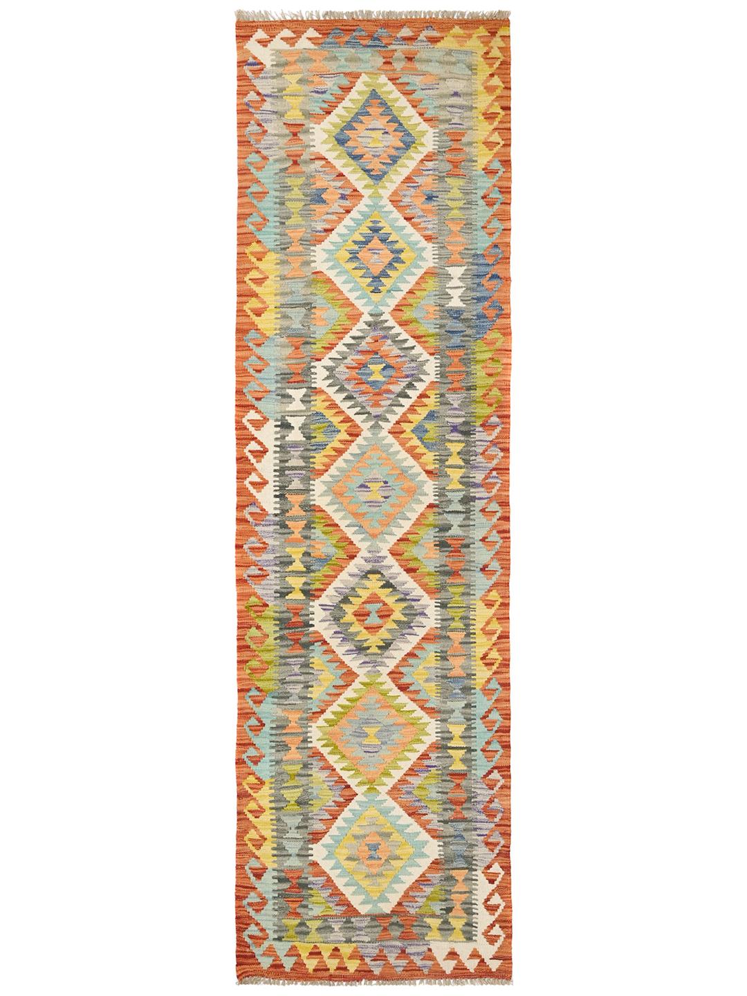 Hand-woven Kelim Afghan Old Style runner rug in orange and multicolor wool