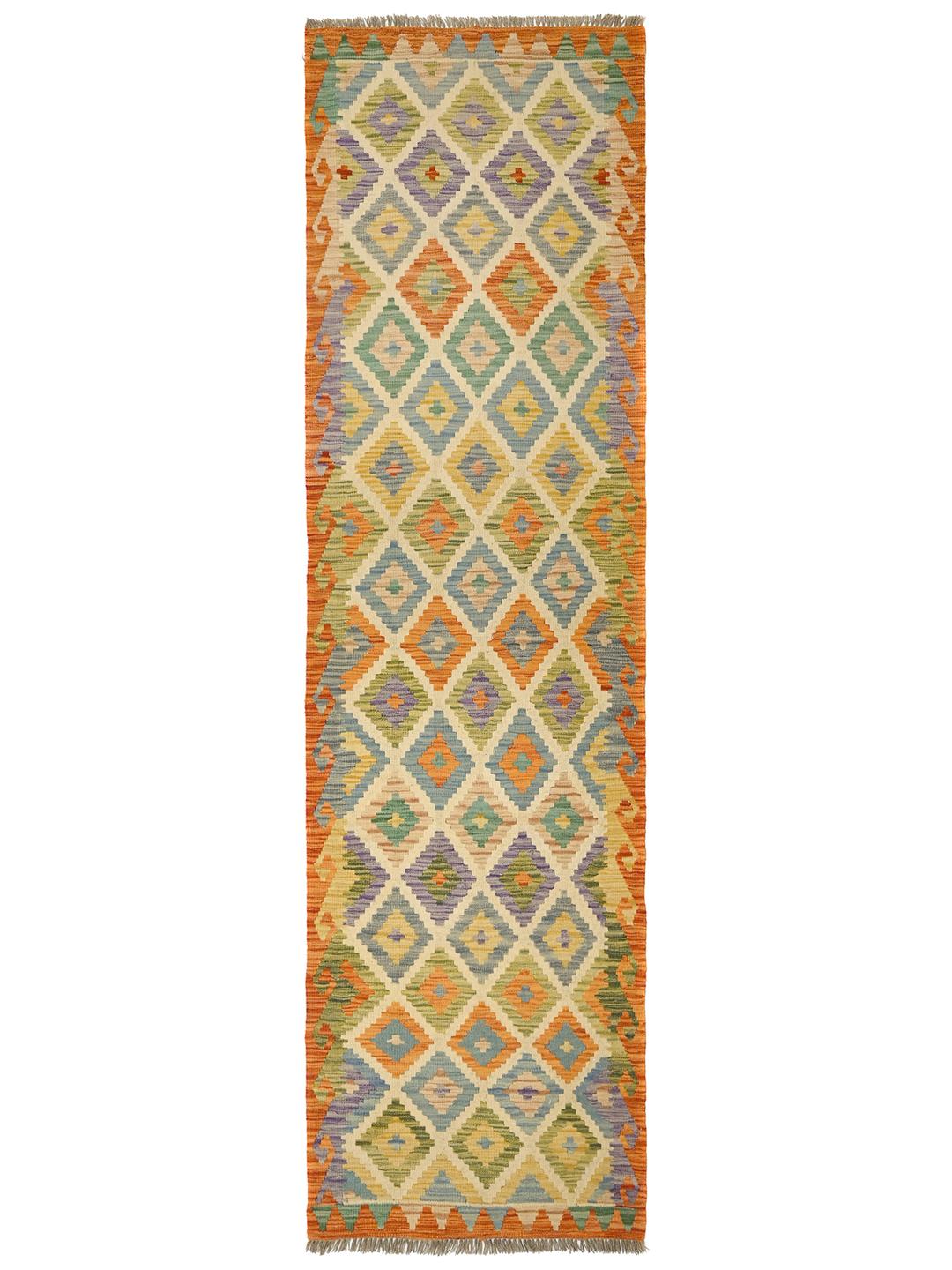 A vibrant, hand-woven Afghan runner rug with a geometric diamond pattern in multicolor Wool.