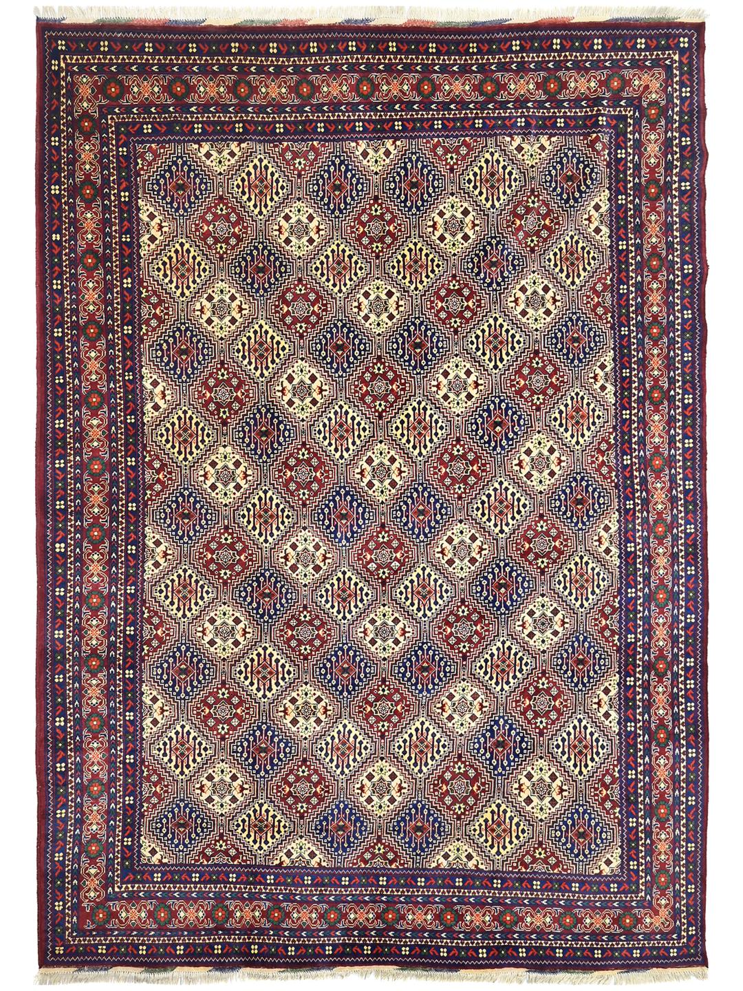 Hand-knotted red Afghan Kunduz rug with geometric patterns