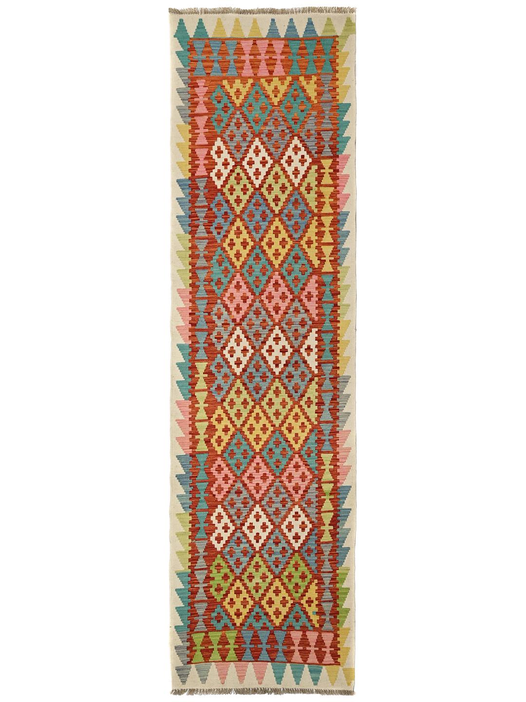 Hand-woven Afghan runner with a vibrant geometric pattern in multicolor wool