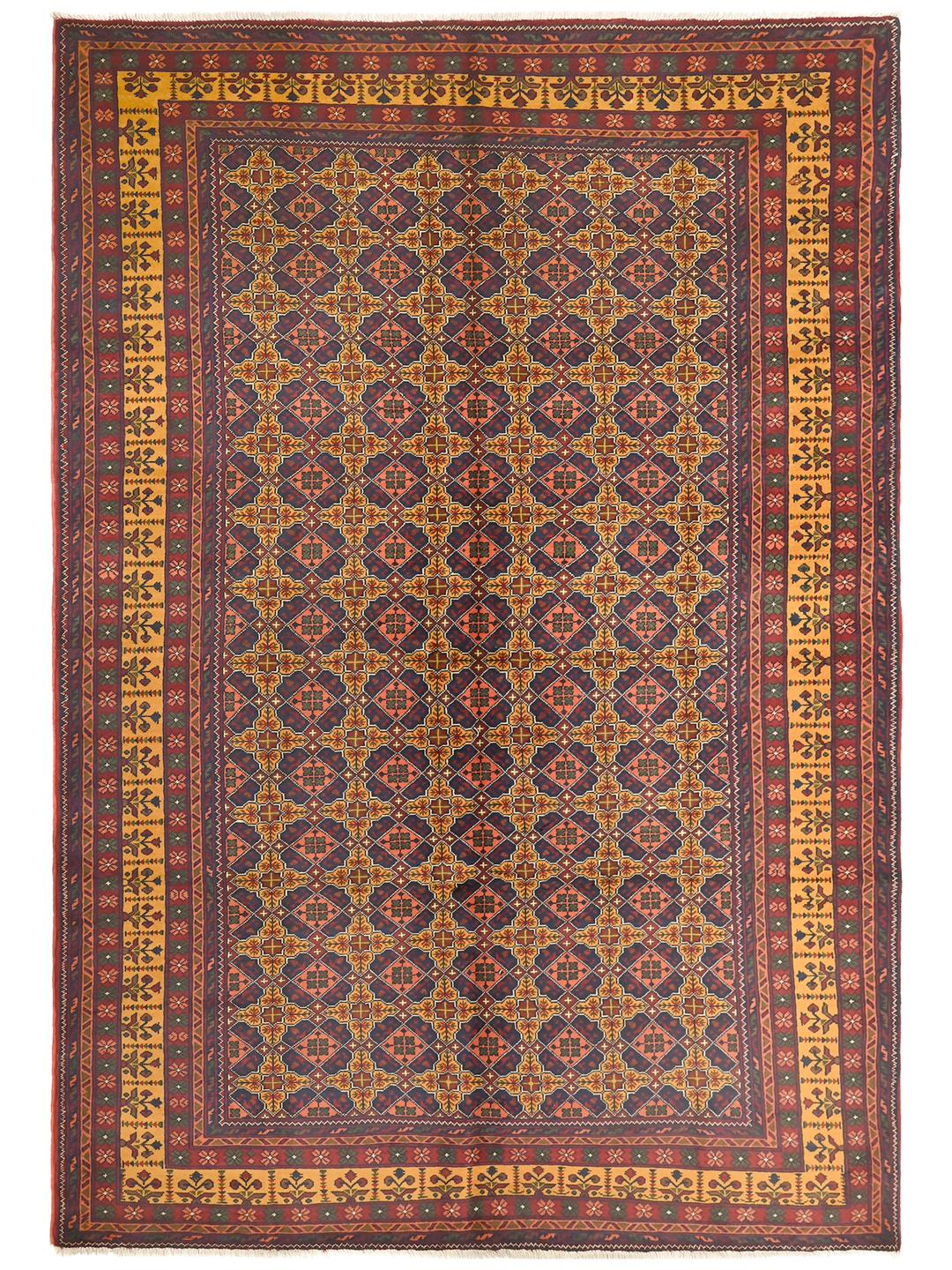 A large hand-knotted Kunduz rug from Afghanistan featuring a dark-red and multicolour geometric pattern.