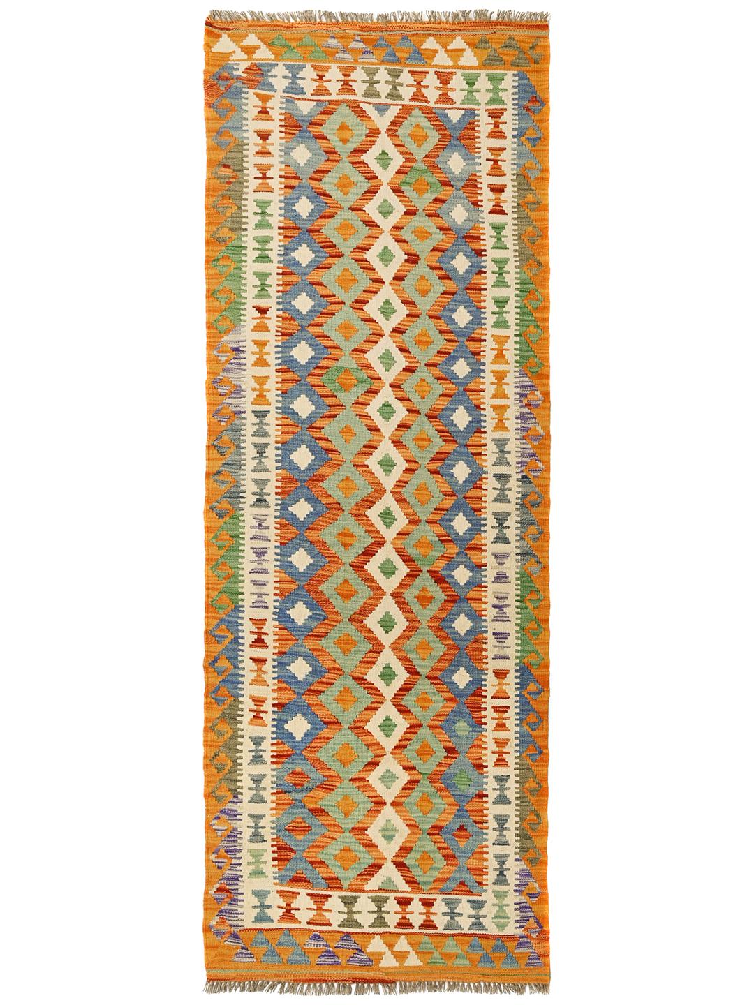 Hand-woven Afghan runner with vibrant multicolored diamond patterns