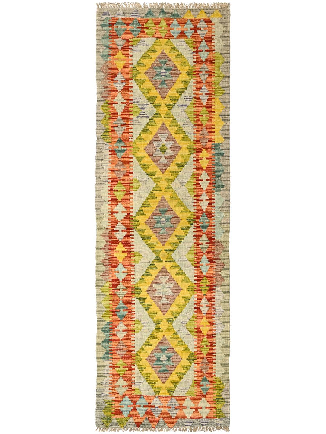 Hand-woven Afghan runner with vibrant geometric diamond patterns in multicolour wool