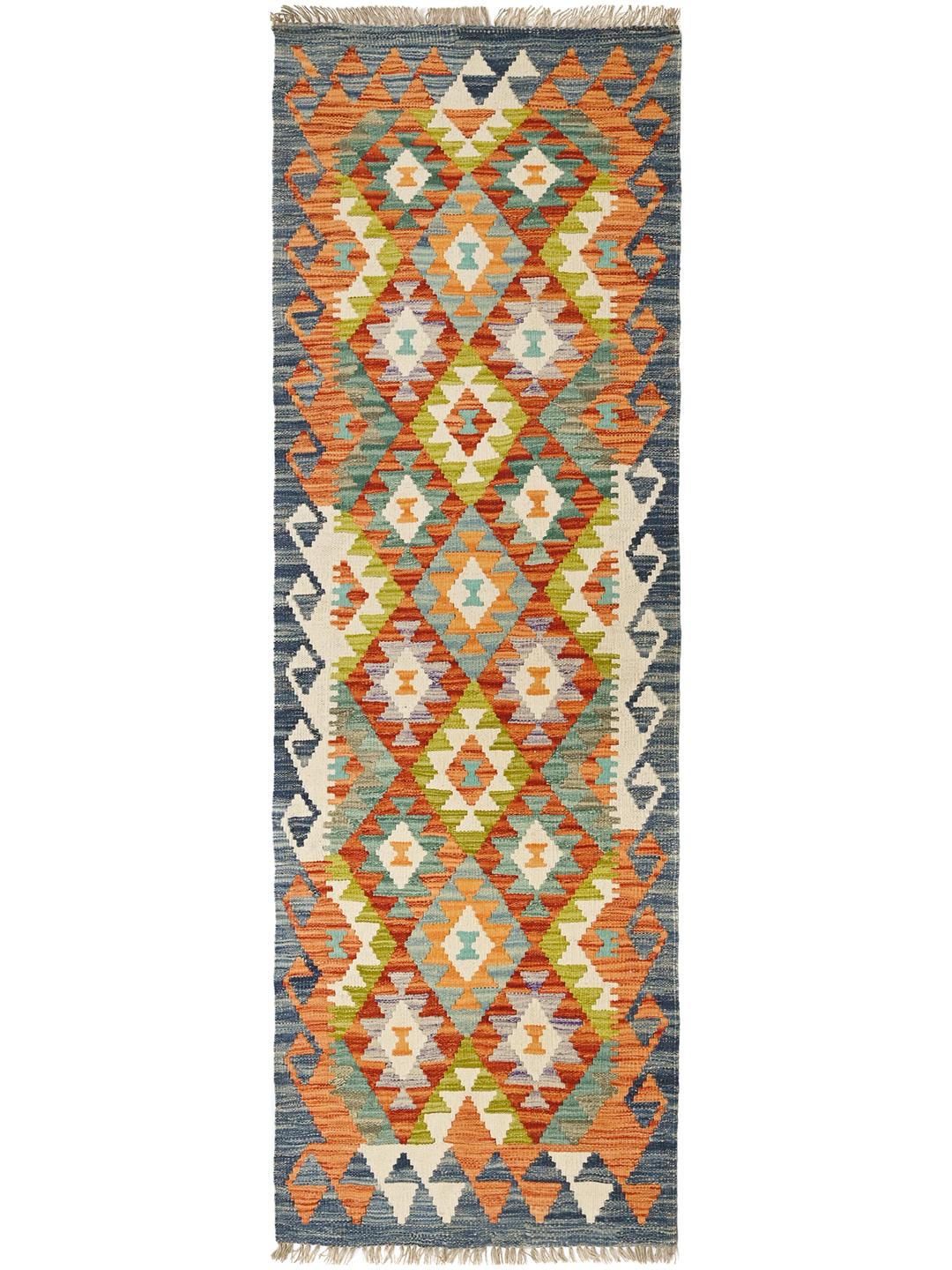 Hand-woven Afghan runner with a vibrant multicolor geometric pattern