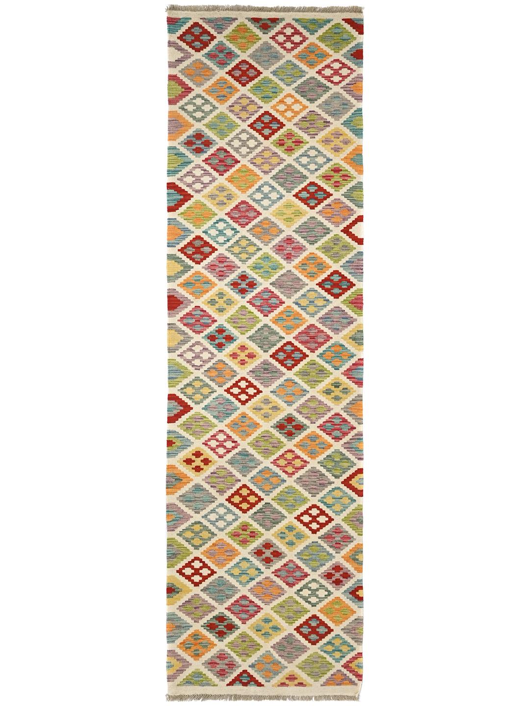 Hand-woven Kelim Afghan Old Style runner rug in beige and multicolor