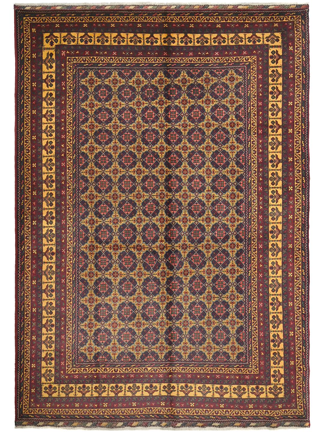 A hand-knotted Kunduz rug from Afghanistan with a dark-red and yellow geometric pattern.