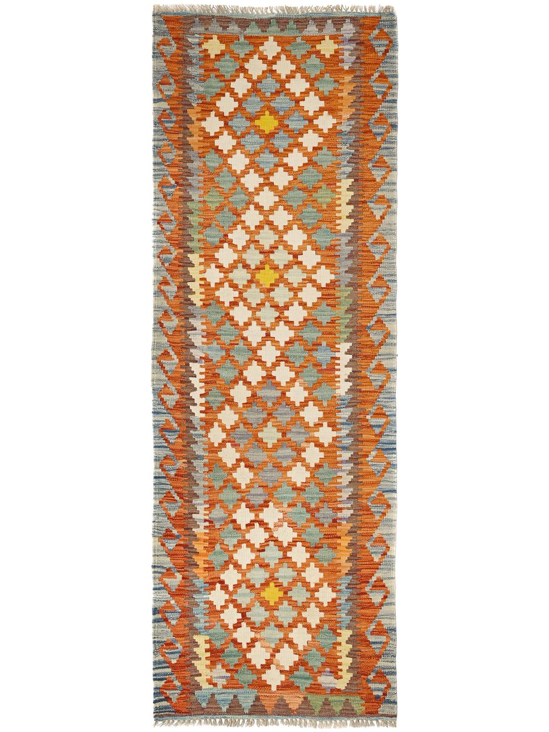Hand-woven Afghan runner with a geometric diamond pattern in red, blue, and yellow Wool.