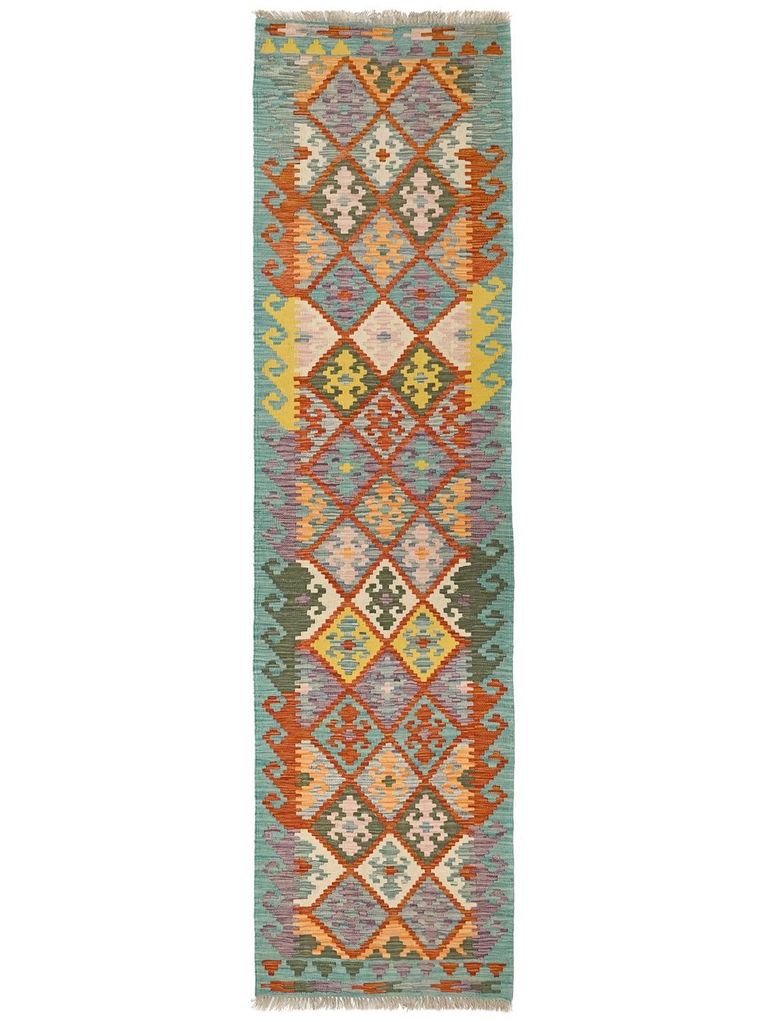 Handgeweven Afghaanse loper met een levendig meerkleurig geometrisch patroon