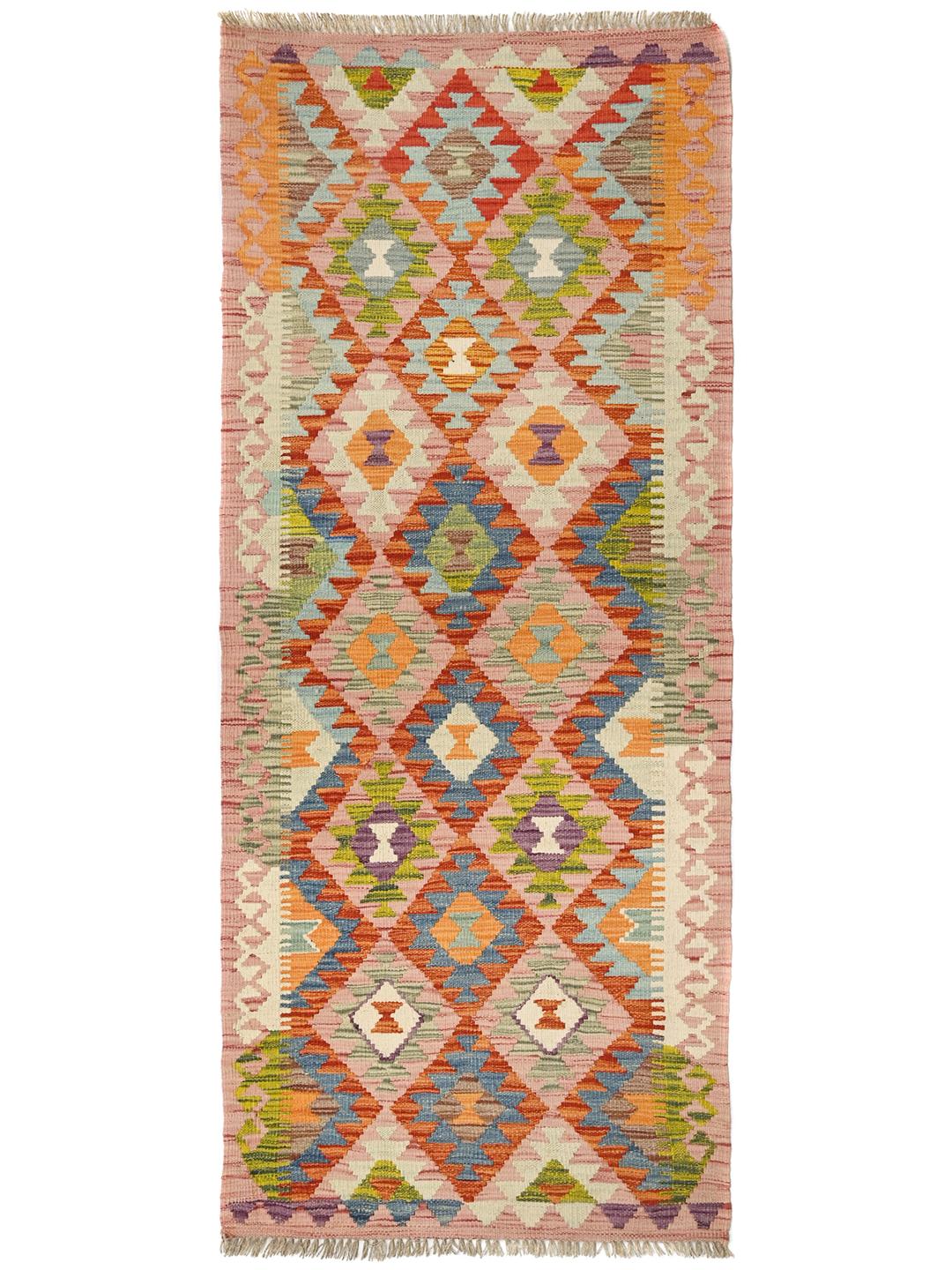 Hand-woven Afghan runner with a vibrant geometric diamond pattern in multicolor wool