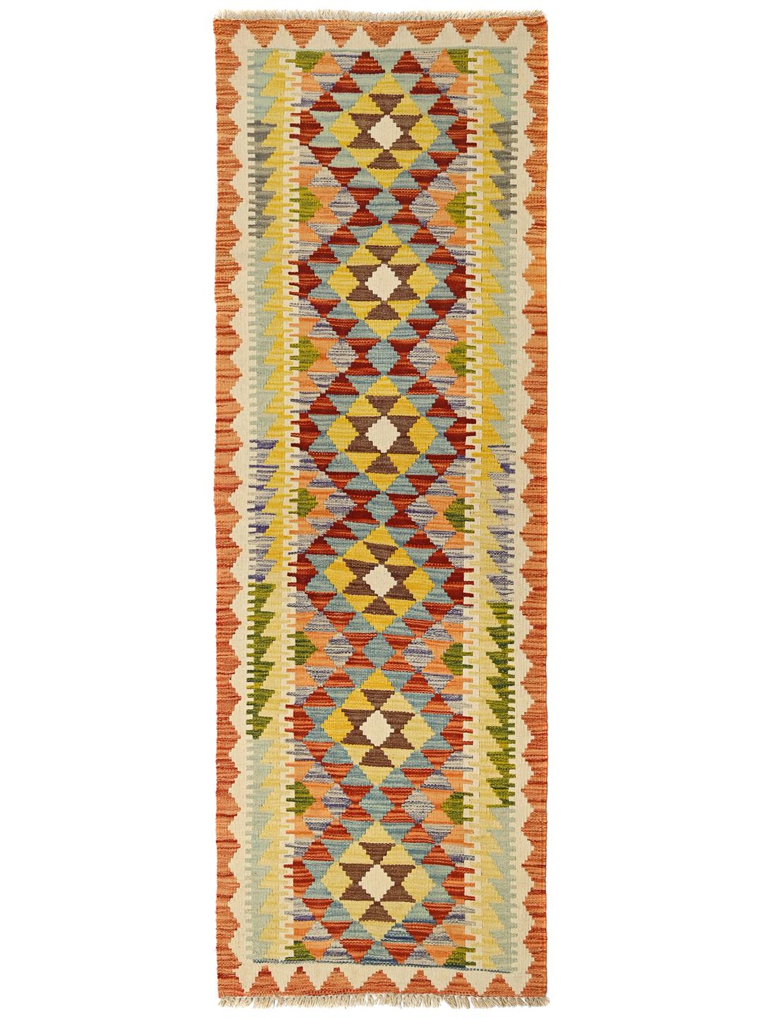 Hand-woven Afghan runner with vibrant geometric patterns in multicolor Wool