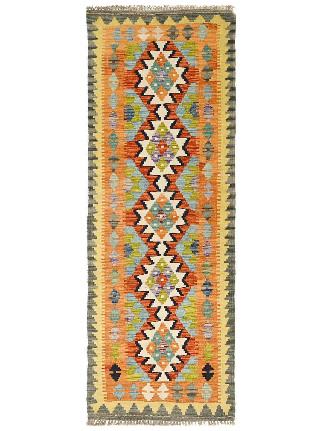 Hand-woven Afghan runner with colourful geometric patterns in multicolour wool