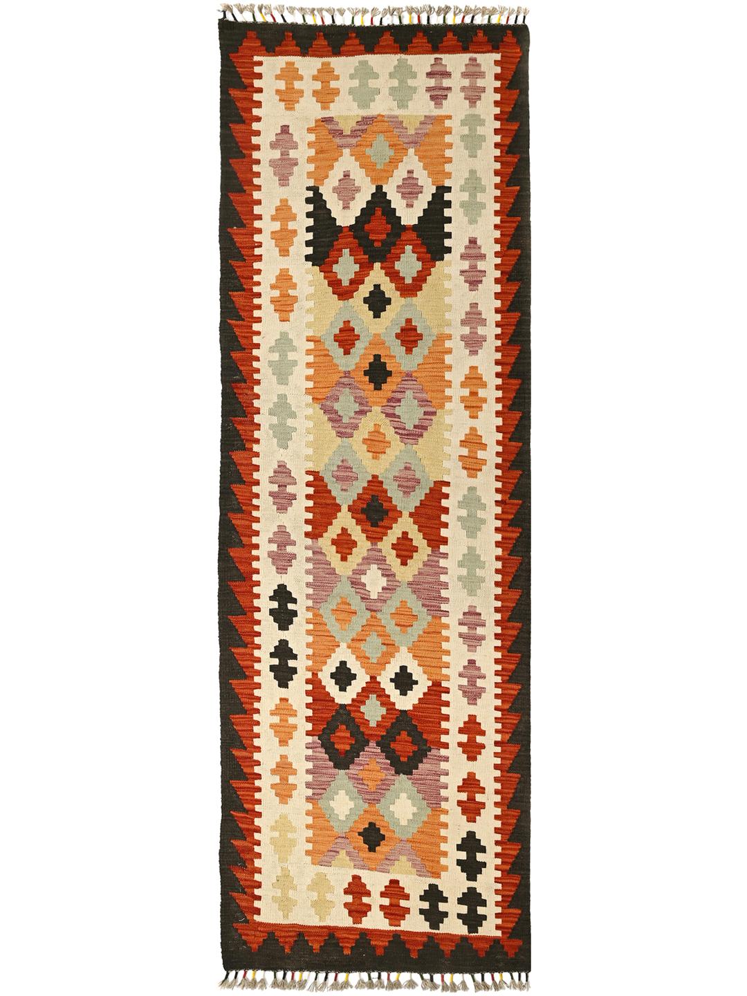 Hand-woven Afghan runner with vibrant geometric patterns and a multicolor palette.