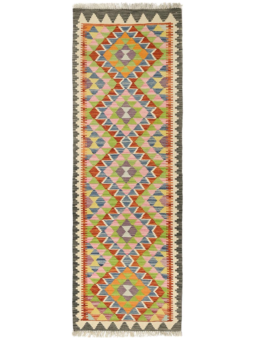 Hand-woven Afghan runner featuring vibrant geometric patterns in multicolor wool