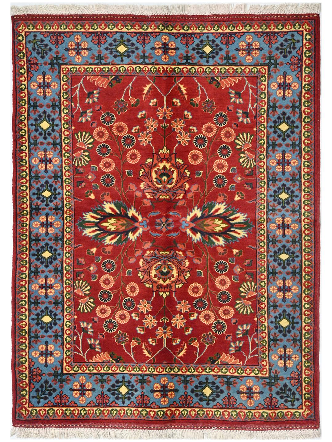 Handgeknoopt Afghaans Kunduz-tapijt met een rood veld van Wool en een blauwe rand