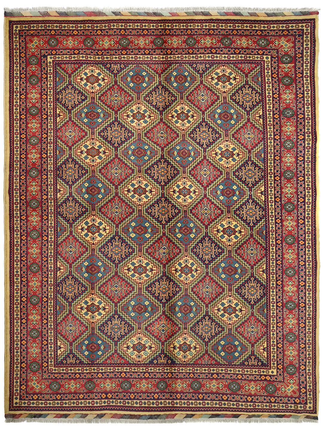 Hand-knotted Afghan Kunduz rug with red and blue geometric patterns